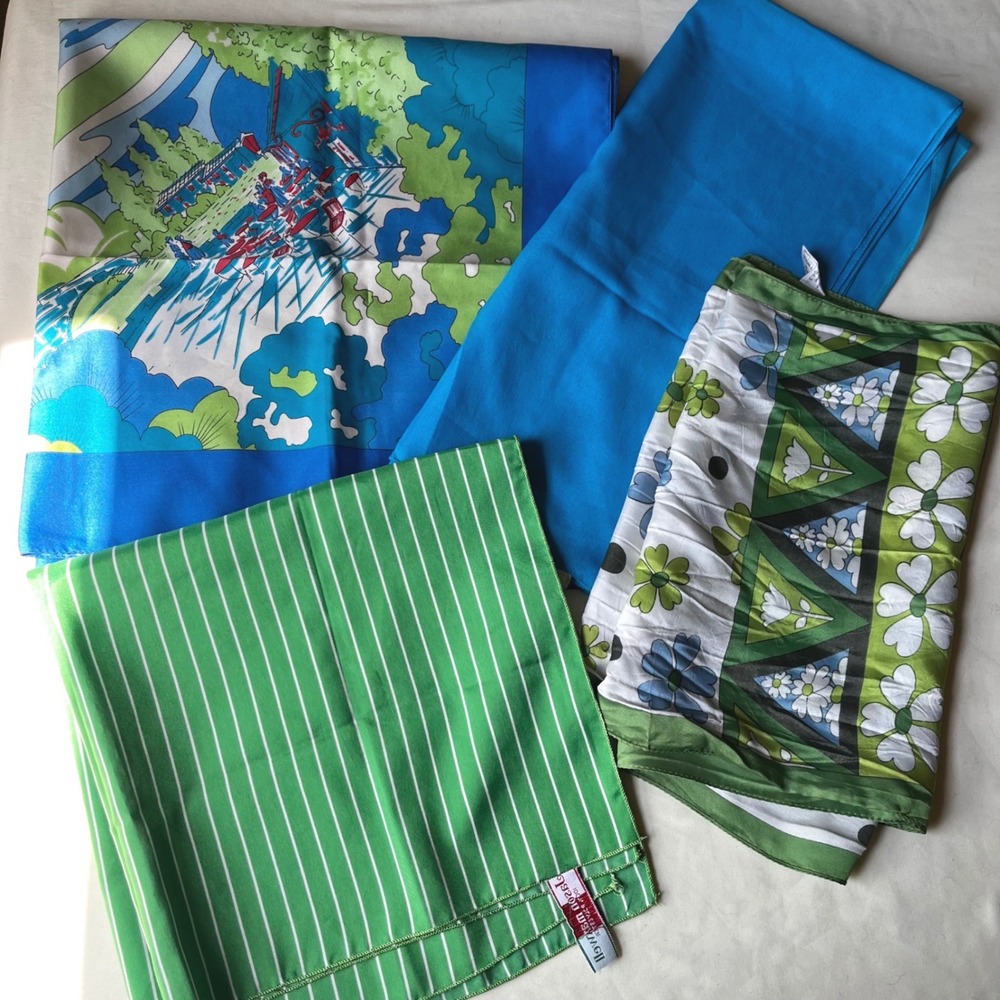 Vintage Scarf Bundle Lot of 4 Blue Green Italian Mod Floral Scarves